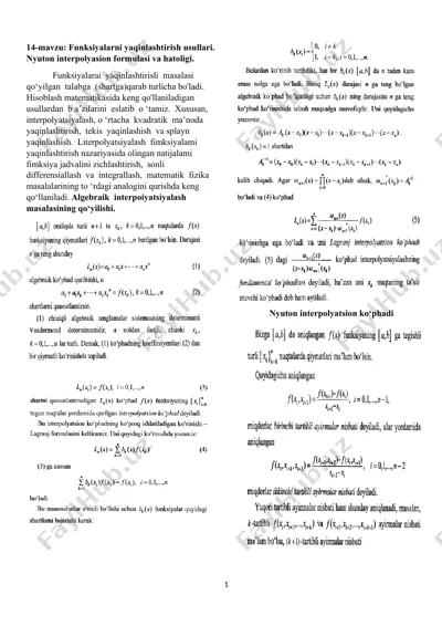 funksiyalarni yaqinlashtirish usullari. nyuton interpolyasion formulasi va hatoligi — DOCX