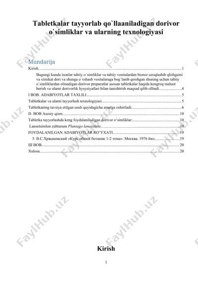 tabletkalar tayyorlab qo‘llaniladigan dorivor o‘simliklar va ularning texnologiyasi — DOCX