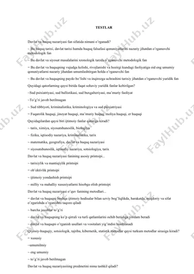 davlat va huquq nazariyasi faniga oid testlar to'plami — DOCX