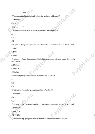 agrosanoat majmuasi iqtisodiyoti test savollari — DOCX