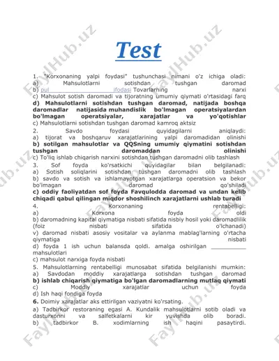 korxonaning yalpi foydasi va rentabellik tushunchalari taqdimoti — DOCX