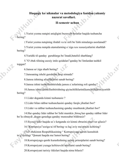 huquqiy ko‘nikmalar va metodologiya fanidan yakuniy nazorat savollari (ii-semestr) — DOCX