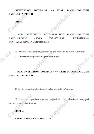 investitsion loyihalar va ular samaradorligini baholash yo‘llari — DOCX
