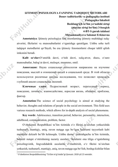 ijtimoiy psixologiya fanining tadqiqot metodlari — DOCX