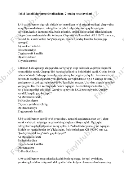 ichki kasalliklar propedevtikasidan 2-oraliq test savollari — DOCX