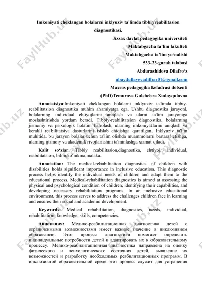 imkoniyati cheklangan bolalarni inklyuziv ta'limda tibbiy-reabilitatsion diagnostika — DOCX