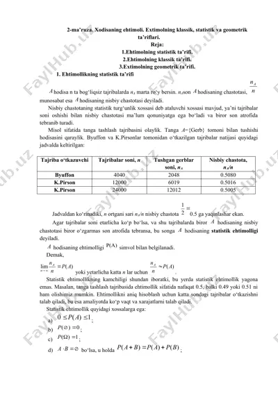 ehtimollik nazariyasiga kirish. statistik, klassik va geometrik ehtimollik ta’riflari — DOCX