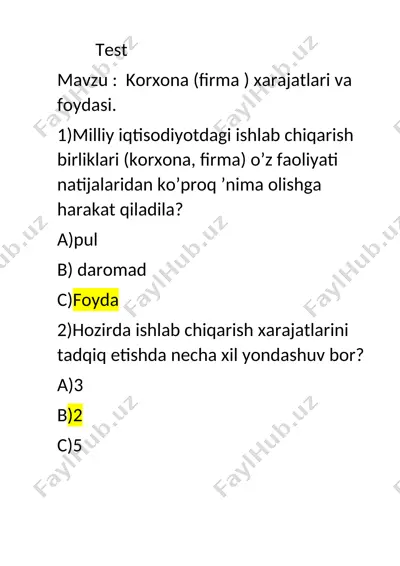 korxona (firma) xarajatlari va foydasi — DOCX