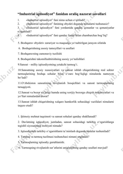 industrial iqtisodiyot fanidan oraliq nazorat savollari — DOCX