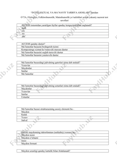 intellektual va ma’naviy tarbiya asoslari fanidan yakuniy nazorat test savollari — DOCX
