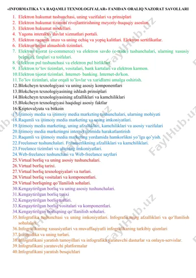 informatika va raqamli texnologiyalar fanidan oralig‘ nazorat savollari — DOCX