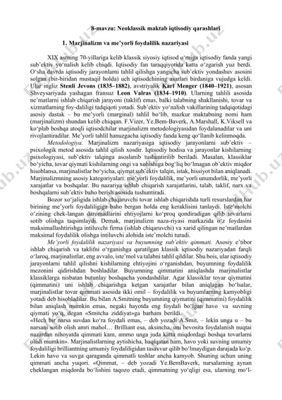 neoklassik maktab iqtisodiy qarashlari: marjinalizm va me’yorli foydalilik nazariyasi — DOCX