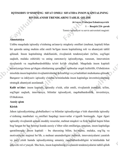 iqtisodiy o‘sishning sifat omili sifatida inson kapitalining rivojlanish trendlarini tahlil qilish — DOCX