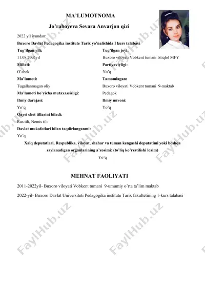 jo’raboyeva sevara anvarjon qizi haqida ma’lumotnoma — DOCX