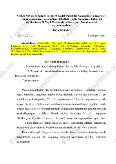 magistratura diplom oldi dastlabki himoyasi bayonnomasi — DOCX