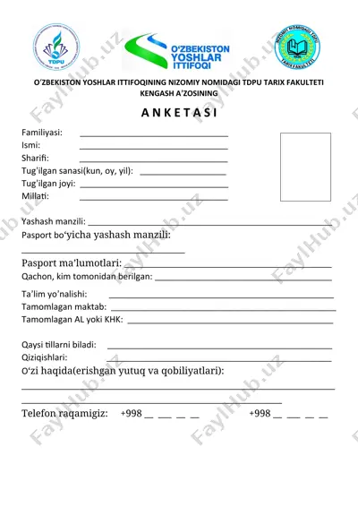 o‘zbekiston yoshlar ittifoqining nizomiy nomidagi tdpu tarix fakulteti kengash a’zosining anketa — DOCX