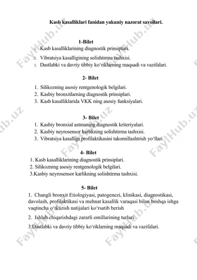 kasb kasalliklari fanidan yakuniy nazorat savollari — DOCX