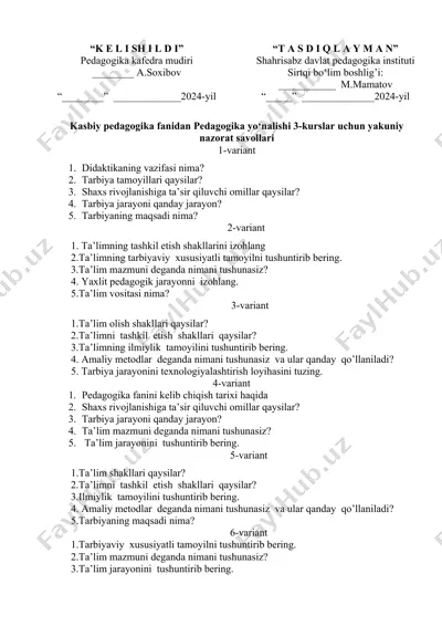 kasbiy pedagogika fanidan pedagogika yo‘nalishi 3-kurslar uchun yakuniy nazorat savollari — DOCX
