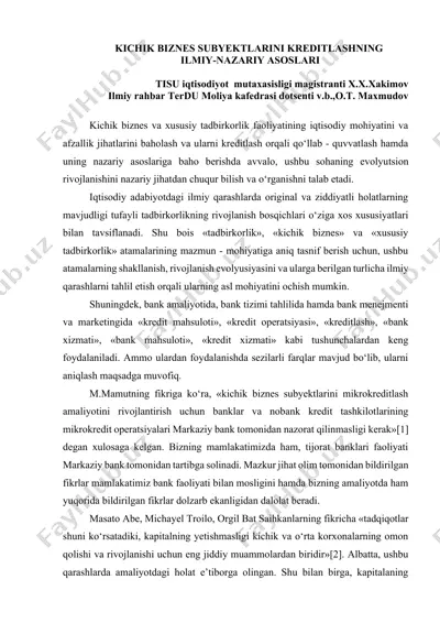 kichik biznes subyektlarini kreditlash ilmiy-nazariy asoslari — DOCX