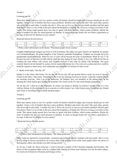 english language learning variants (listening gap fill and speaking exercises) — DOCX