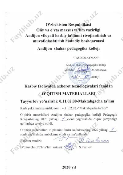 maktabgacha ta‘lim kasbi bo‘yicha kasbiy faoliyatda axborot texnologiyalari fanidan o‘quv dasturi — DOCX