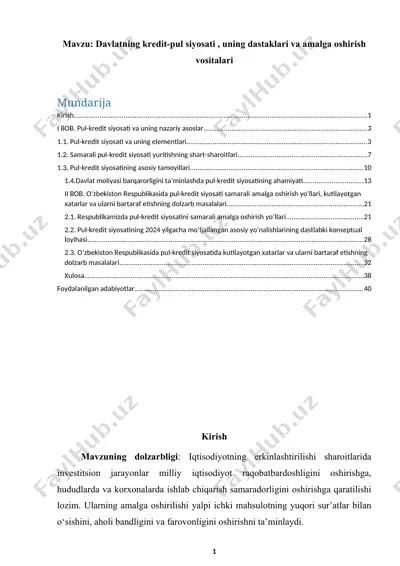 davlatning kredit-pul siyosati, uning dastaklari va amalga oshirish vositalari — DOCX