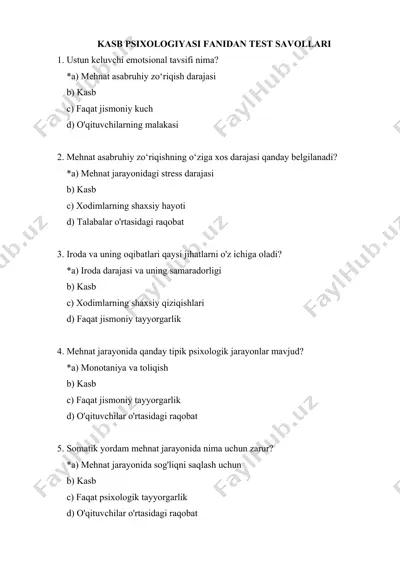 kasb psixologiyasi fanidan test savollari — DOCX