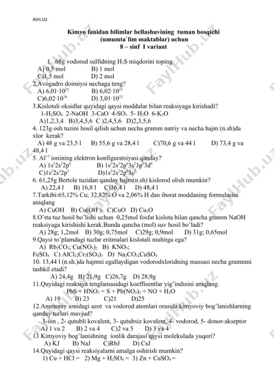 kimyo fanidan bilimlar bellashuvi uchun 8-sinf test savollari — DOCX
