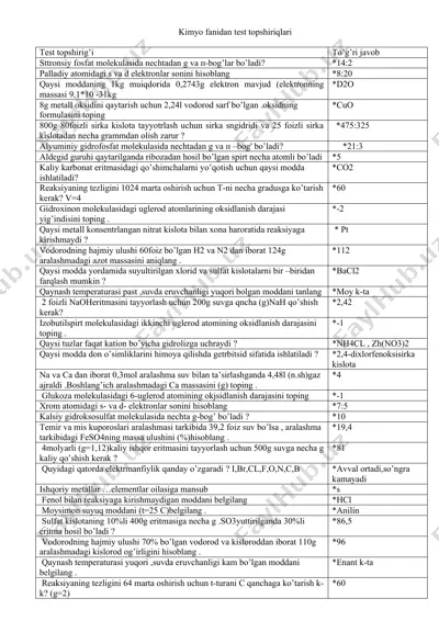 kimyo fanidan test topshiriqlari — DOCX