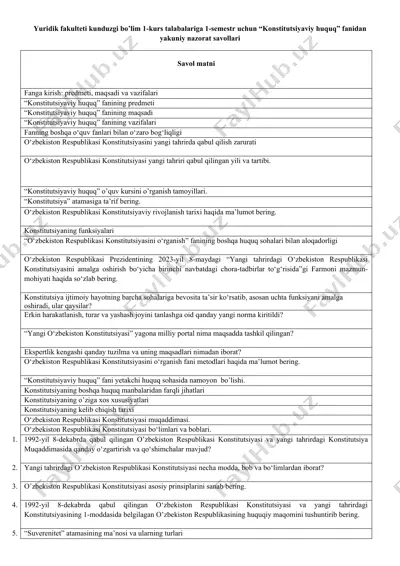 konstitutsiyaviy huquq fanidan yakuniy nazorat savollari — DOCX