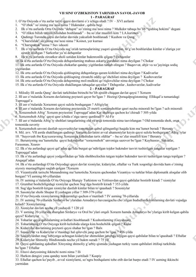 vii sinf o'zbekiston tarixi savol-javoblar — DOCX