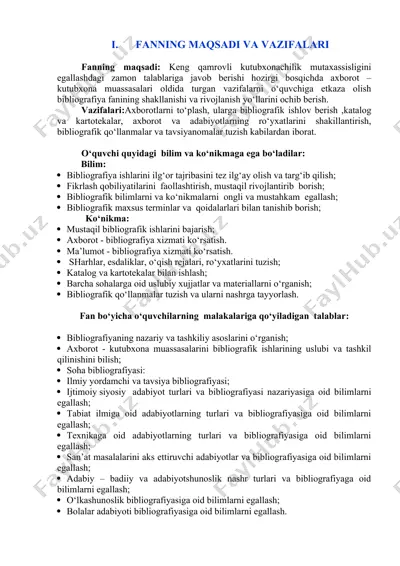 bibliografiya fani uchun o‘quv dasturi va metodikasi — DOCX