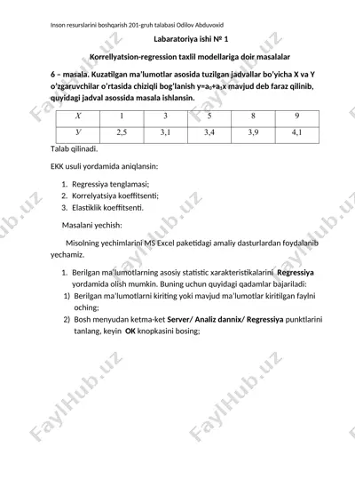 korrellyatsion-regression tahlil modellariga doir masalalar yechimi — DOCX