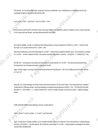 suvning dissotsilanishi va ph qiymati haqida taqdimot — DOCX
