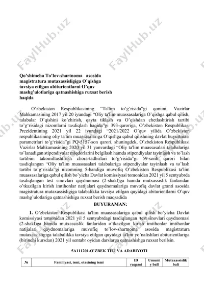 magistratura mutaxassisligi bo‘yicha o‘quv mashg‘ulotlariga qatnashishga ruxsat berish — DOCX