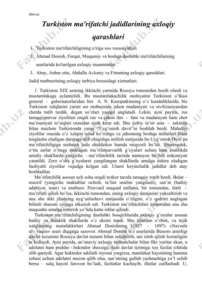 turkiston ma'rifatchi jadidlarining axloqiy qarashlari — DOCX