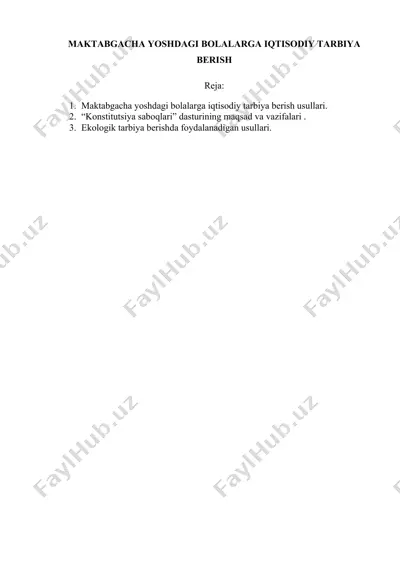 maktabgacha yoshdagi bolalarga iqtisodiy, huquqiy va ekologik tarbiya berish bo'yicha o'quv dasturi — DOCX