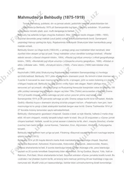 mahmudxo‘ja behbudiy hayoti va ijodi haqida ma'lumotlar to‘plami — DOCX