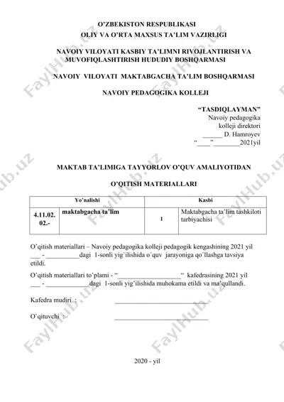 maktab ta’limiga tayyorlov o‘quv amaliyotidan o‘qitish materiallari — DOCX