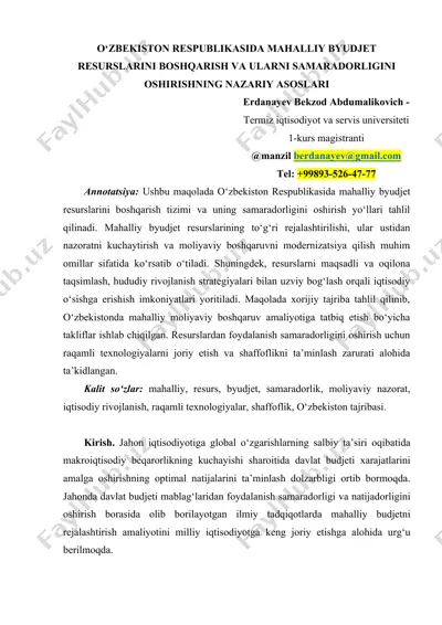 o‘zbekiston respublikasida mahalliy byudjet resurslarini boshqarish va ularni samaradorligini oshirishning nazariy asoslari — DOCX