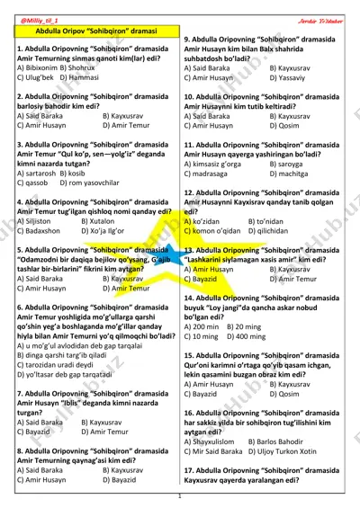 sohibqiron dramasidan 64 ta javobsiz test — PDF