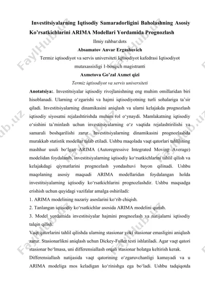 investitsiyalarning iqtisodiy samaradorligini baholashning asosiy ko’rsatkichlarini arima modellari yordamida prognozlash — DOCX