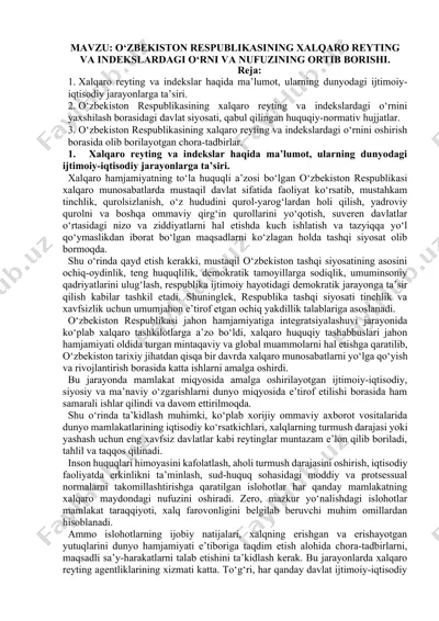 o‘zbekiston respublikasining xalqaro reyting va indekslardagi o‘rni va nufuzining ortib borishi — DOCX