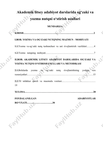 akademik litsey adabiyot darslarida og‘zaki va yozma nutqni o‘stirish usullari — DOCX