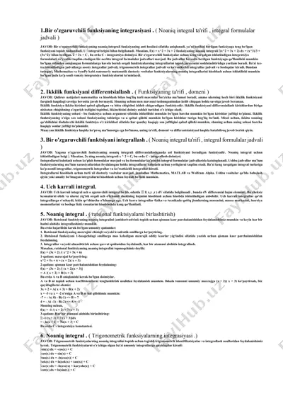 noaniq integral va integral formulalar jadvallari — DOCX
