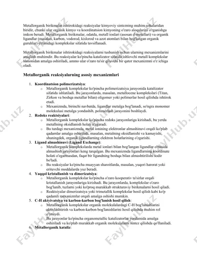 metallorganik birikmalar ishtirokidagi kimyoviy reaksiyalar — DOCX
