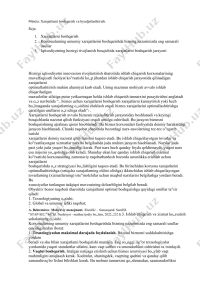 xarajatlarni boshqarish va byudjetlashtirish — DOCX