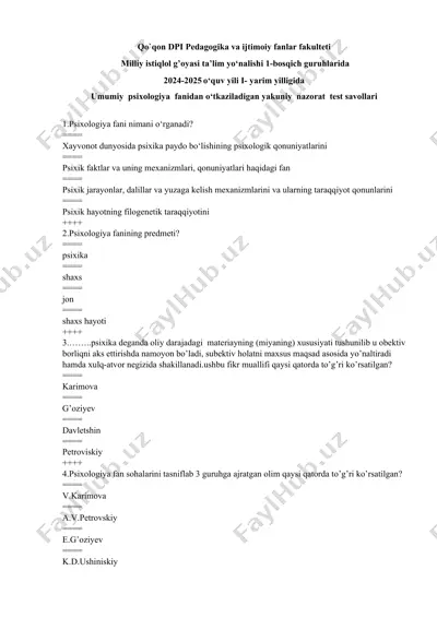 umumiy psixologiya fanidan yakuniy nazorat test savollari — DOCX