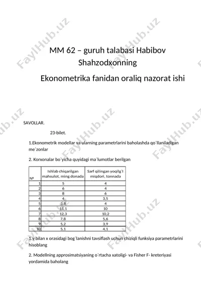 ekonometrika fanidan oraliq nazorat ishi — DOCX