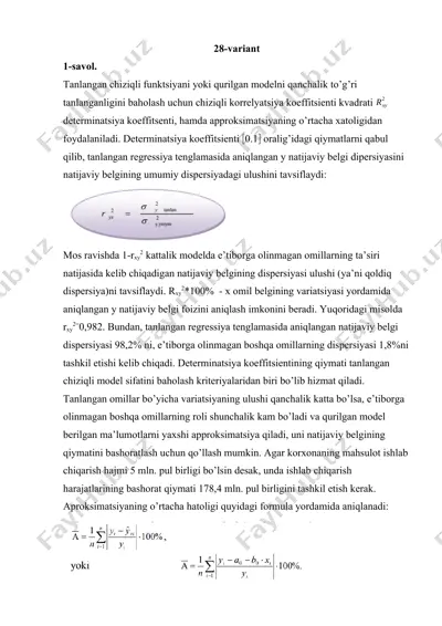 regressiya tenglamasi parametrlari va korrelyatsiya koeffitsienti hisoboti — DOCX